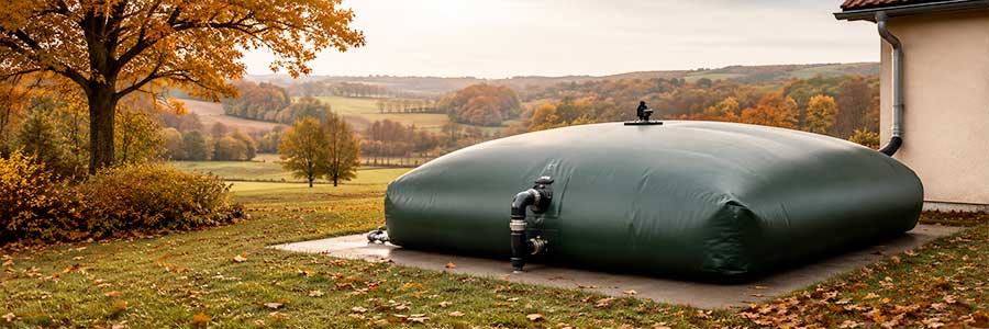Citerne souple de récupération d’eau installée en extérieur en automne